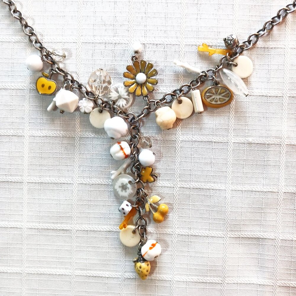 Vintage IKITA Paris Silver “Y” Charm Necklace Beads Charms Enamel Fruit Flowers